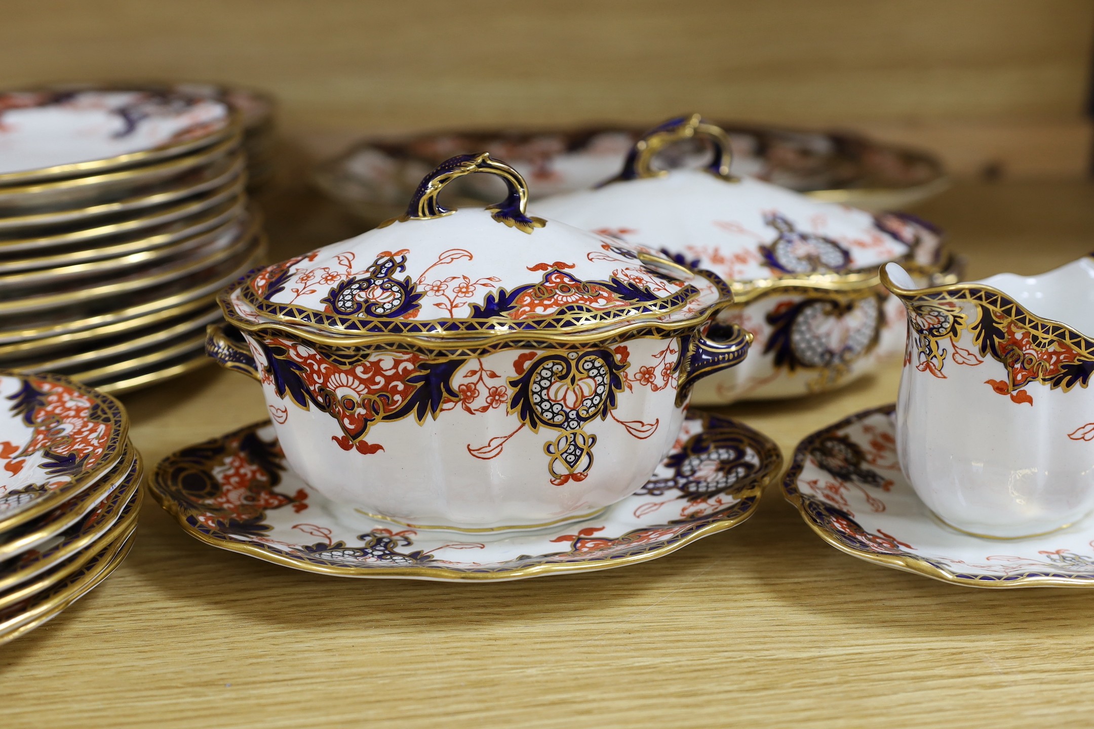 Thirty six pieces of Royal Crown Derby pottery Imari dinner wares, pattern 3615